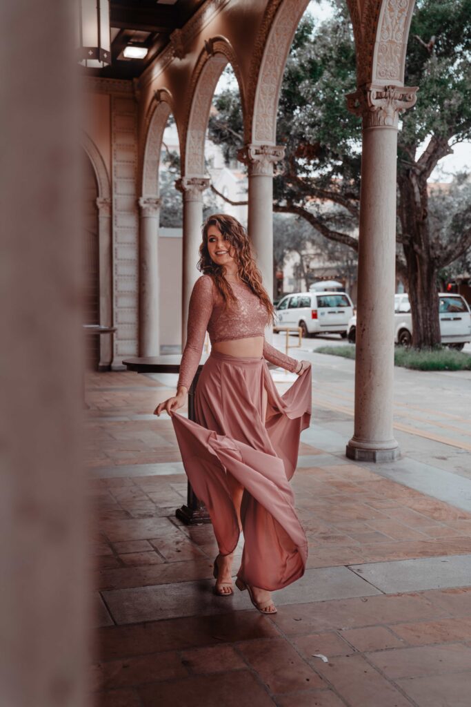 Aimee Albright in pink dress at St Petersburg Open Air Post Office 