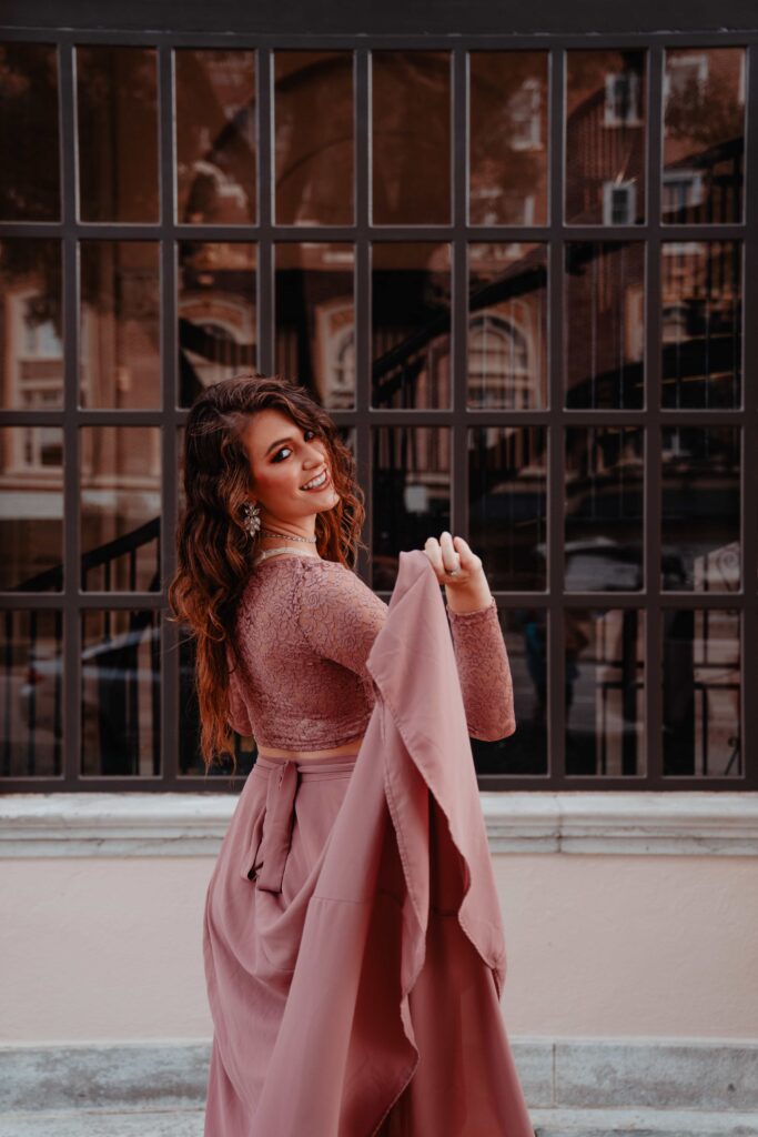 Aimee Albright in pink dress at St Petersburg Open Air Post Office